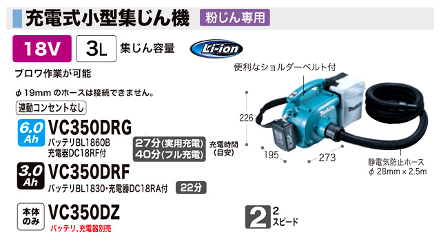 マキタ 18V充電式小型集じん機(粉じん専用) VC350DZ / 集じん機 / 充電