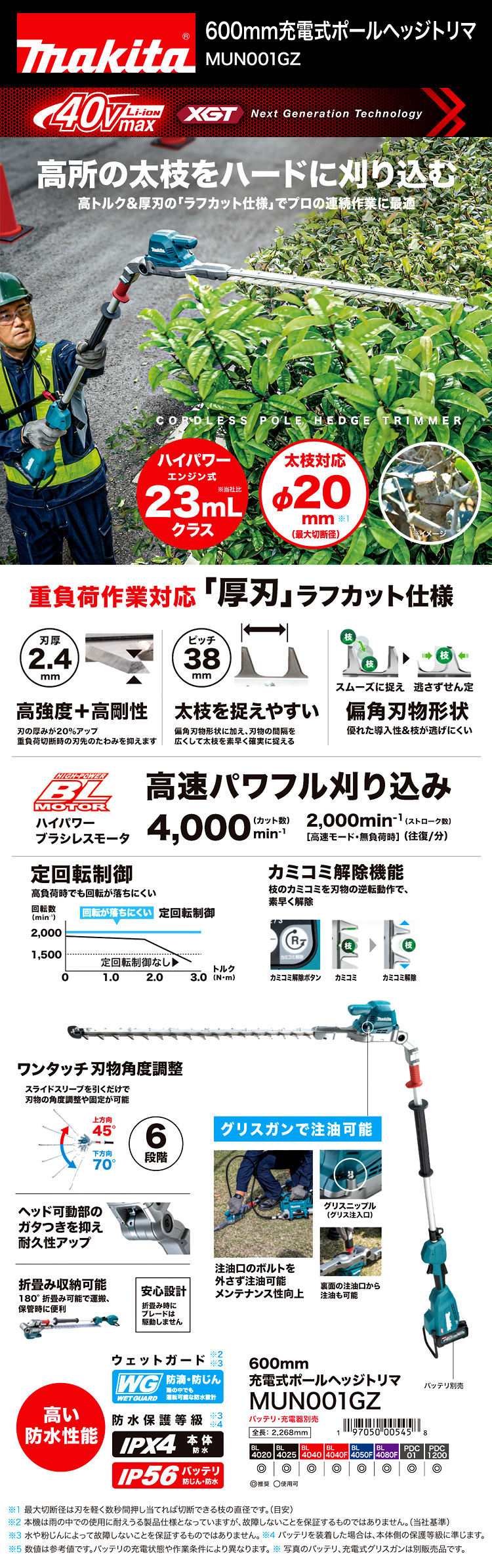 36V40Vmax厚刃ラフカット600mm充電式ポールヘッジトリマ【本体のみ】