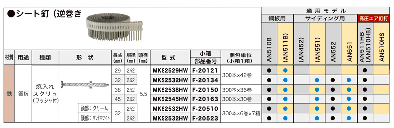 逆巻き直シート連結釘鋼板用焼入スクリュ(ワッシャ付)