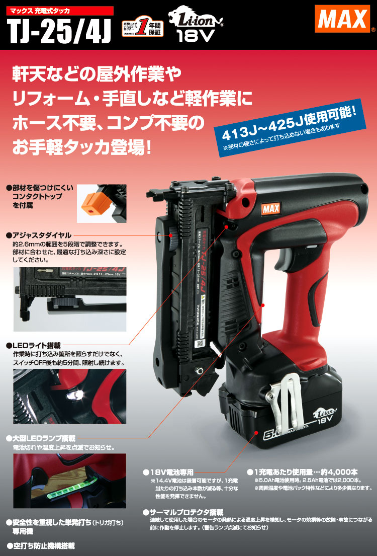 18V【5.0Ah電対付】J線4mm巾充電式タッカ