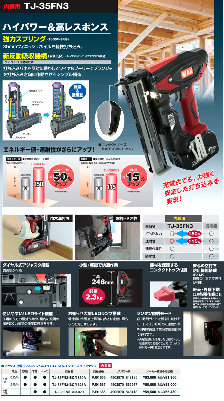 MAX 型枠用 18V(2.5Ah)充電式フィニッシュネイラ TJ-35FN3FW-BC 1825A 通販