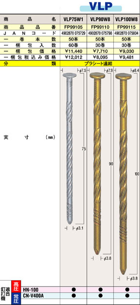 VLP マックスHN-100・CN-V400A用 躯体リバースロック釘