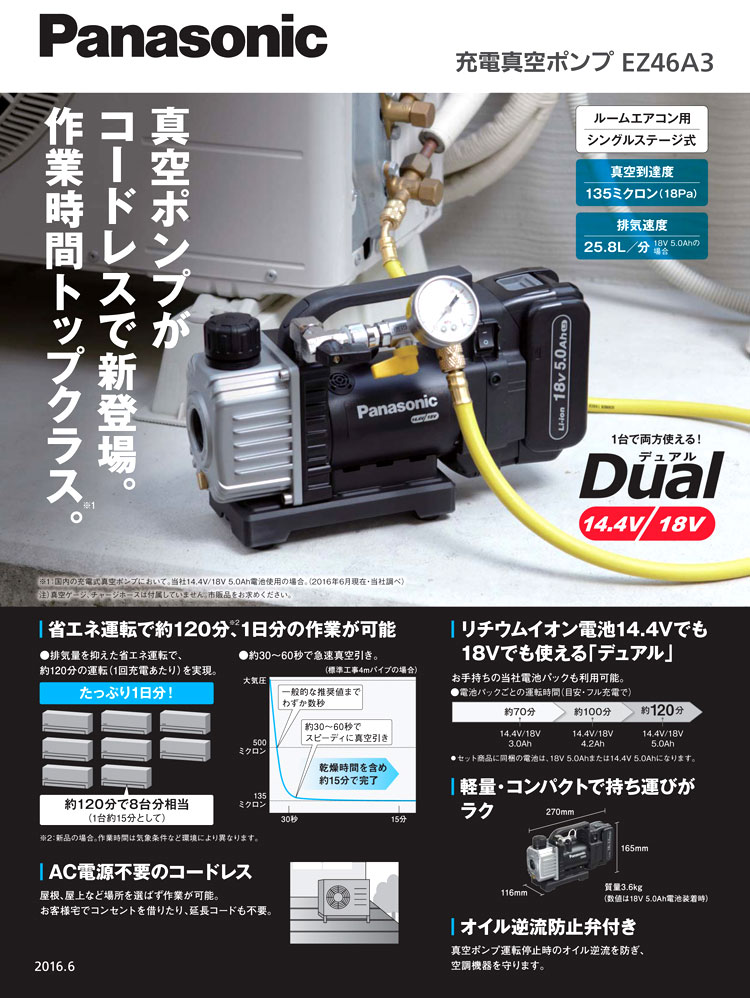 パナソニック 18V【 5.0Ah電池付】充電真空ポンプ EZ46A3LJ1G-B / 真空