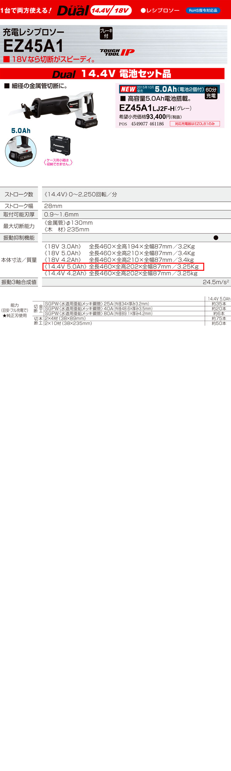 14.4V【5.0Ah電池付】充電レシプロソー