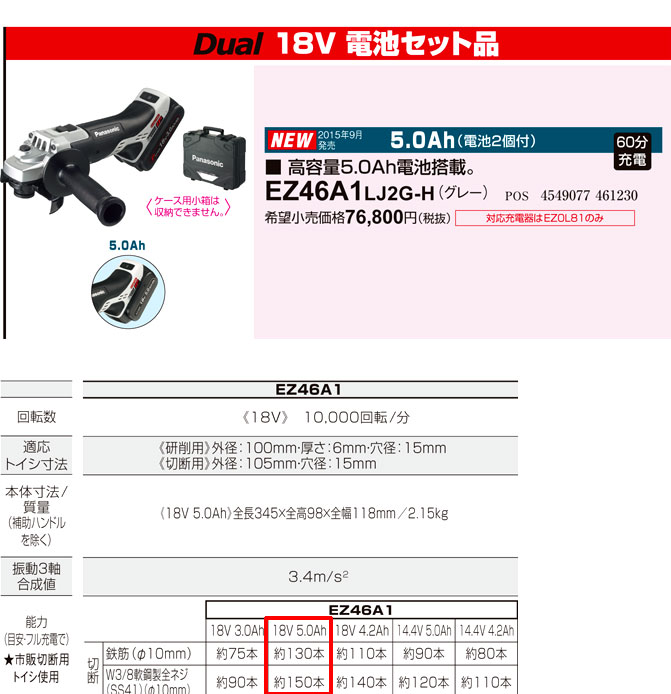 100mm18V【5.0Ah電池付】充電ディスクグラインダー