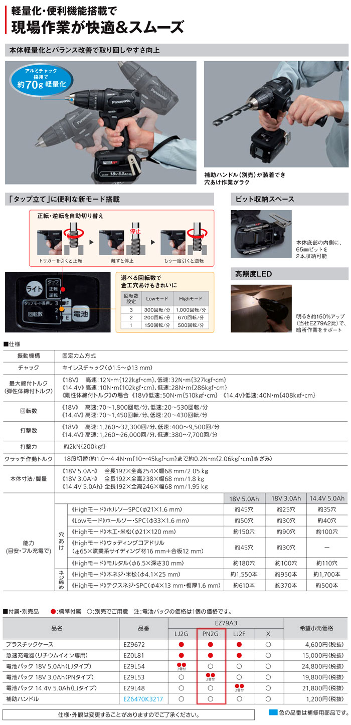 18V【3.0Ah電池付】Dual充電振動ドリル＆ドライバー