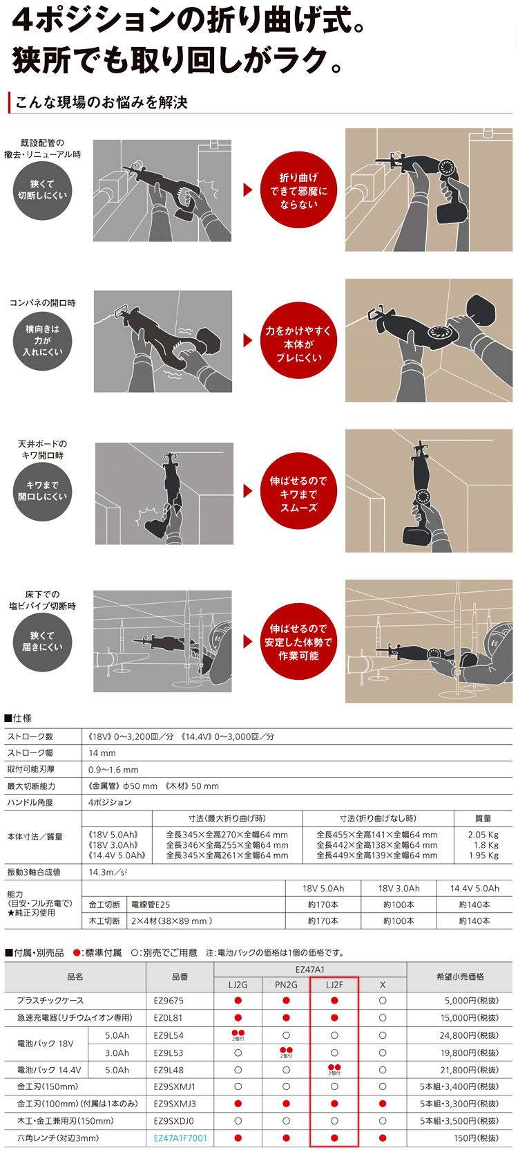 14.4Ｖ【5.0Ah電池付】Dual充電レシプロソー