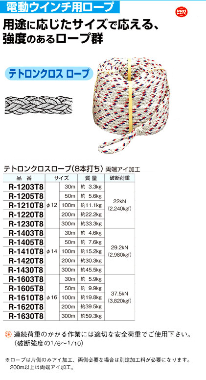 プロメイト テトロンクロスロープ 12本打ち (電動ウィンチ用) Φ16 100m R-1610T - 2