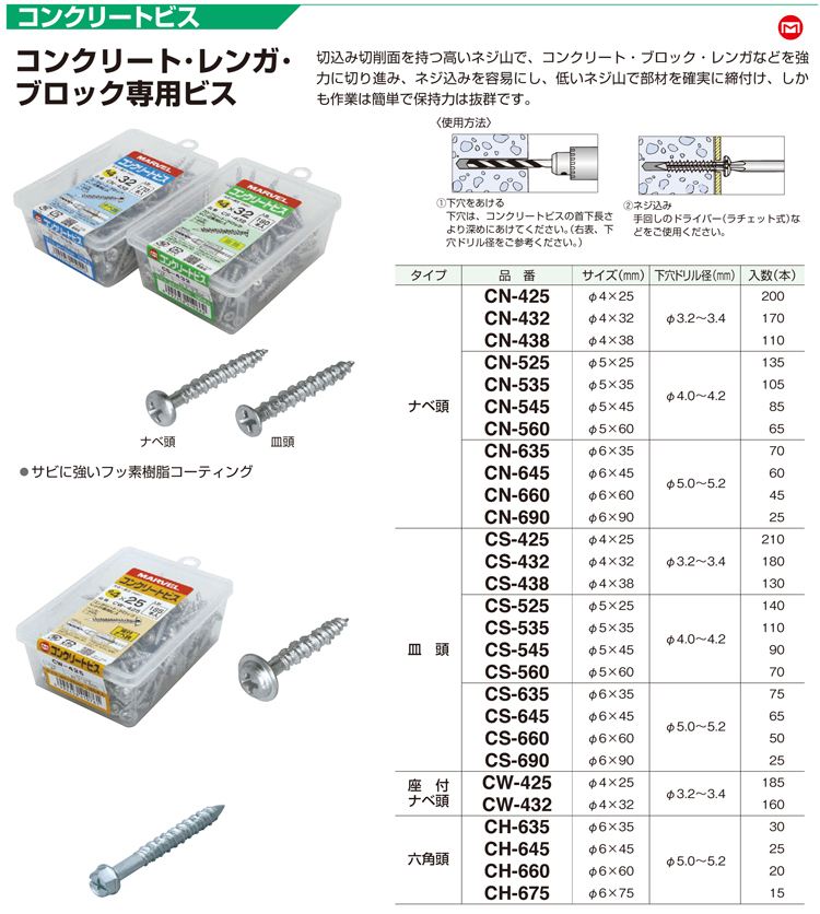 マーベル コンクリートビス コンクリート レンガ ブロック専用ビス Cn 425 コンクリートビス ビス 釘 ステープル 電動工具の道具道楽