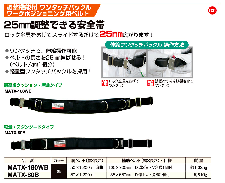 調整機能付ワンタッチバックルワークポジショニング用ベルト