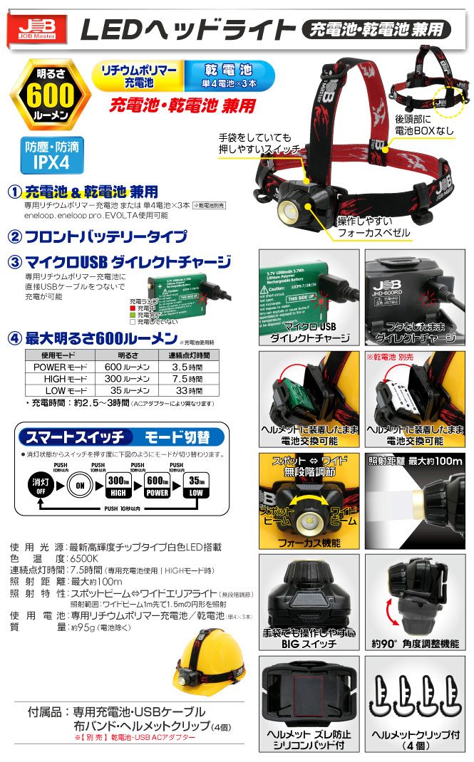 〉〔JOB Master〕LEDヘッドライト 充電池・乾電池兼用