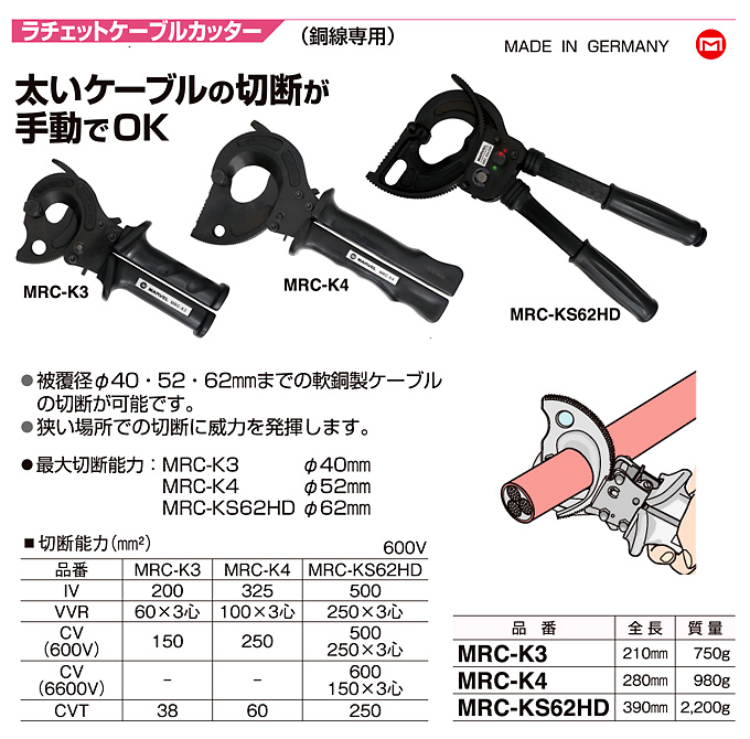 人気満点 モノパ 店マーベル MARVEL ラチェットケーブルカッター 銅線専用 最大切断能力φ62mm MRC-KS62HD