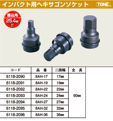 TONE インパクトヘキサゴンソケット(差込角25.4mm) 8AH-36 / インパクトレンチ用ソケット / 電動工具用アクセサリ | 電動