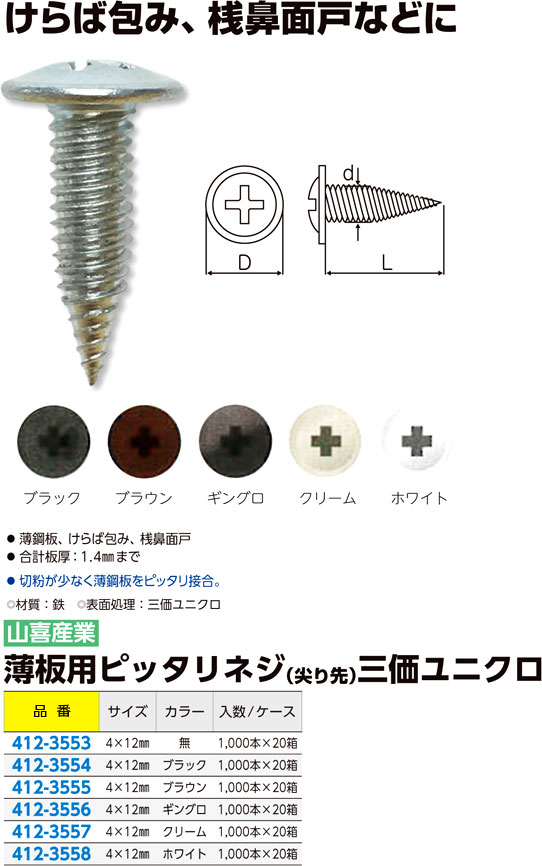 薄板用ピッタリネジ(尖り先）三価ユニクロ