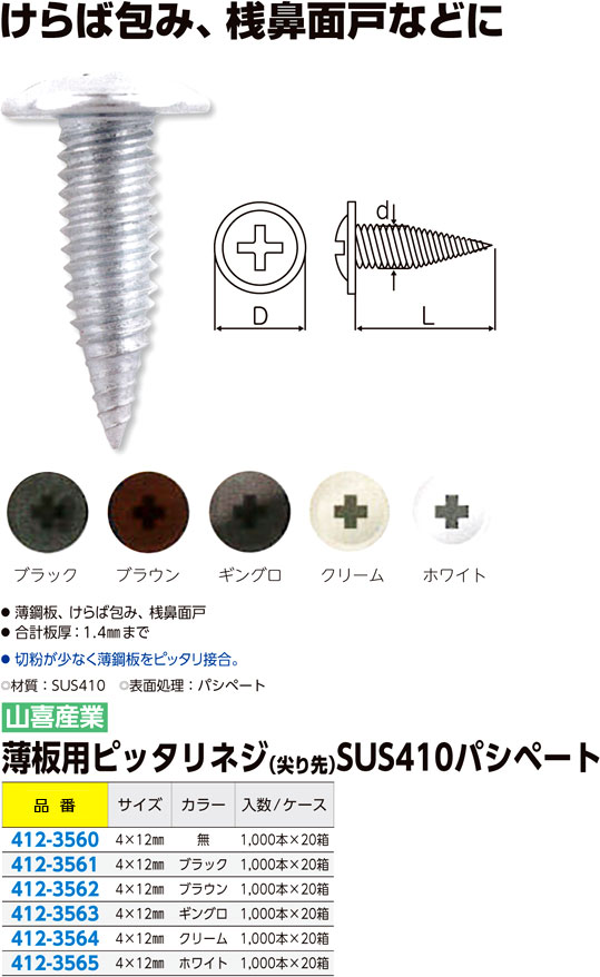 ステンレス薄板用ピッタリネジ（尖り先）パシペート