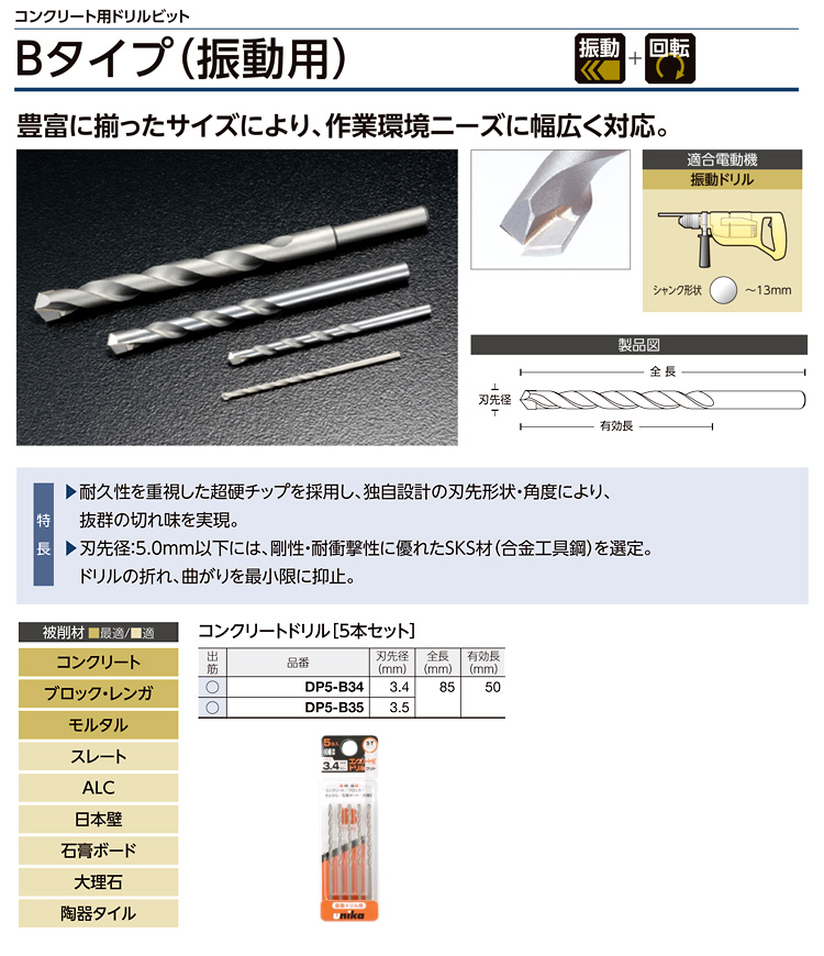 ユニカ コンクリート用ドリルビットBタイプ(5本入) DP5-B35