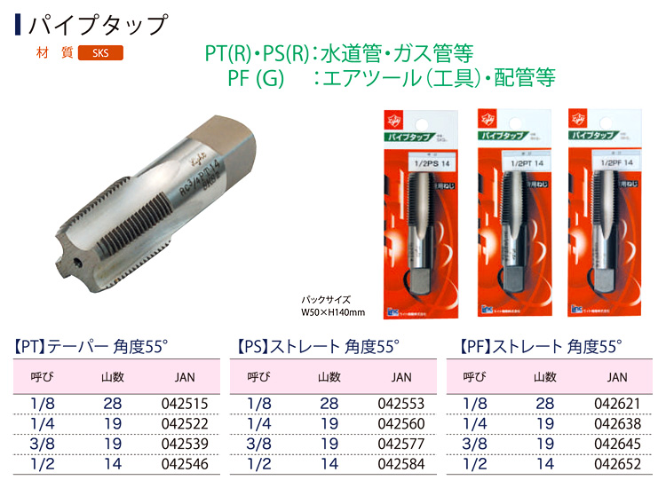 ライト精機 パイプタップ 【PS】ストレート角度55° ケース入 呼び：1