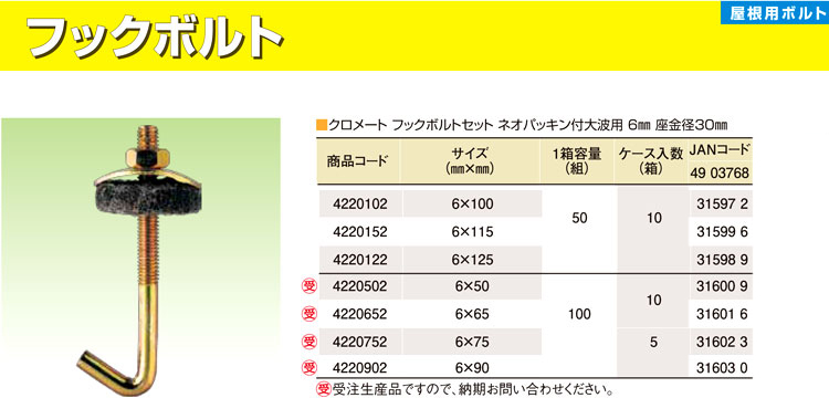 クロメート フックボルトセット ネオパッキン付大波用 座金径30㎜