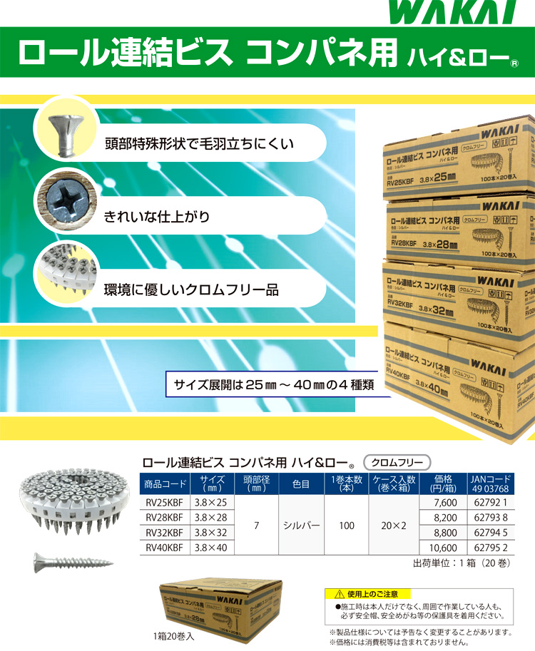 ワカイ産業 ロール連結ビスハイ＆ロー【コンパネ用】 RV32KBF / ロール