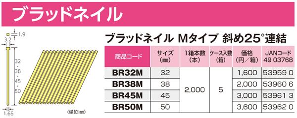 ワカイ産業 ブラットネイルMタイプ斜め25°連結 BR45M / ブラッド ワカイ産業 ブラットネイルMタイプ斜め25°連結 BR45M / ブラッド