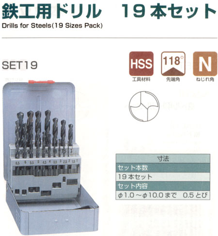 鉄工用ドリル19本セット