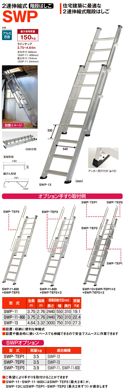 直送品】 PiCa (ピカ) 2連伸縮式 階段はしご SWP-11-600 【大型