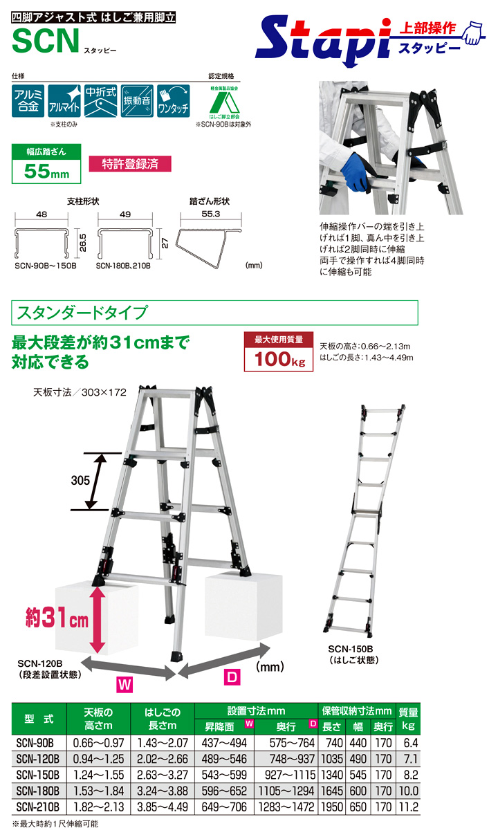 四脚アジャスト式はしご兼用脚立(伸縮31cm上部操作)　SCN