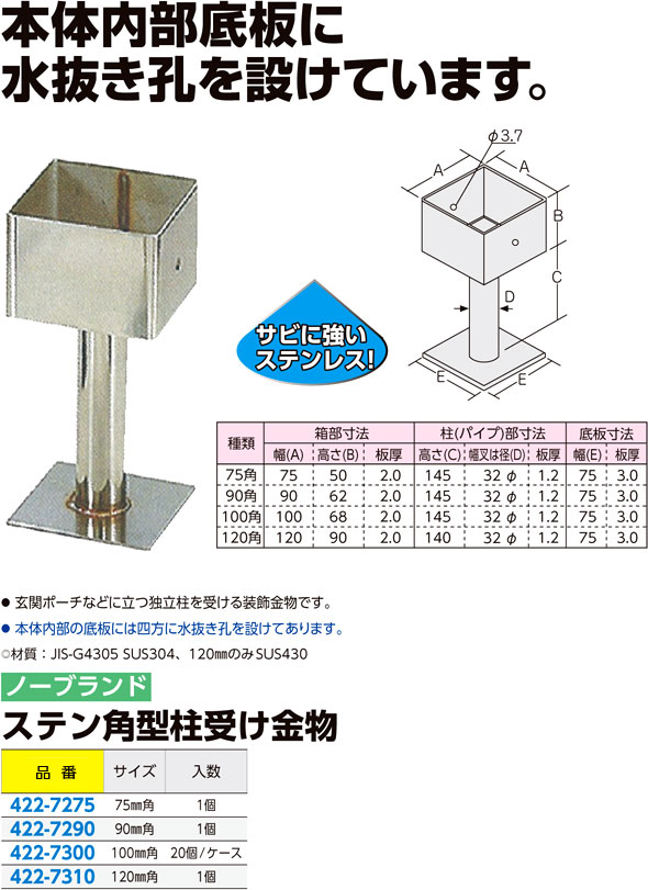 柱受 クリ15kN 用 寸胴型 100角 SUS304 ステンレス 基礎金物 木造 建築 Hyakuzo アミD - 1
